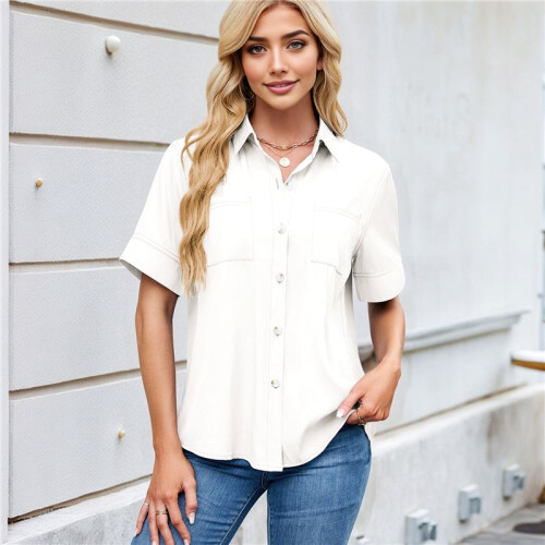 Womens Button Down Shirt Casual Short Sleeve Collared Work Blouse with Pocket White L 1