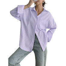Chemises Boutonnées pour Femmes, Chemises Habillées à Rayures, Manches Longues, Revers, Chemises de Travail de Bureau, Hauts Violet Clair S