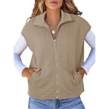 Womens Vest Tops Zipper Cap Sleeve Side Pockets Waffle Knit Sleeveless Oversized Vests Khaki XXL