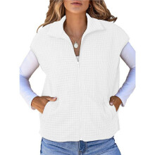 Womens Vest Tops Zipper Cap Sleeve Side Pockets Waffle Knit Sleeveless Oversized Vests White XL