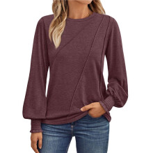 Damen Langarmshirts Plissee Rundhalsausschnitt Business Casual Blusen Mode Kleidung Weinrot L