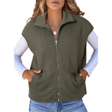 Womens Vest Tops Zipper Cap Sleeve Side Pockets Waffle Knit Sleeveless Oversized Vests Army Green S