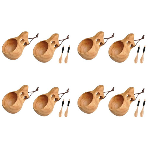 8Pack Nordic Style Träkopp Kuksa Cup Bärbar Utomhuscamping Dricksmugg Träkaffekopp med Träsked