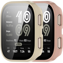 Screen Protector and Case for Amazfit Bip 6, Tempered Glass Film, Shockproof Hard PC Bumper, Apricot and Pink