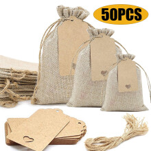 Gaveposer i jute med snor, 10 x 15 cm, 50 stk.