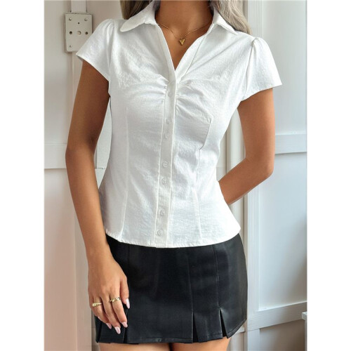 Women'S Ruched Button  Blouses Collar V Neck Short Sleeve Work Shirts White M 2