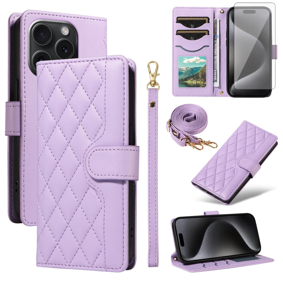 Wallet Case With Card Holder Strap And Tempered Glass Protector Flip Cover For Iphone 15 Pro 9330225813552