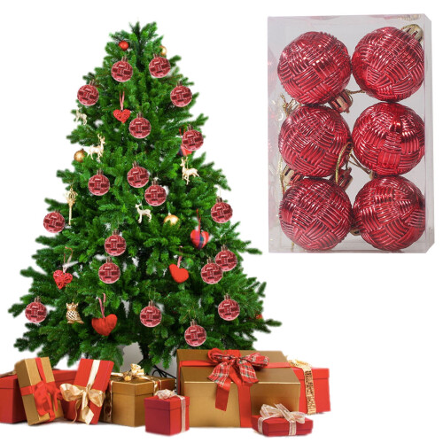 Shatterproof Weave Striped Christmas Balls Red 6 PCS 1