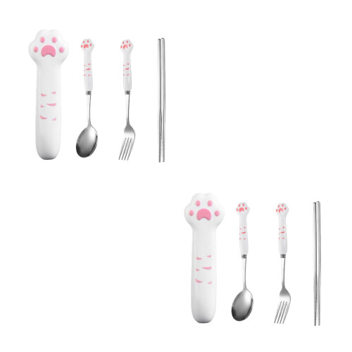 2Sets Pink Portable Fork Spoon Chopsticks Set Stainless Steel PP Case
