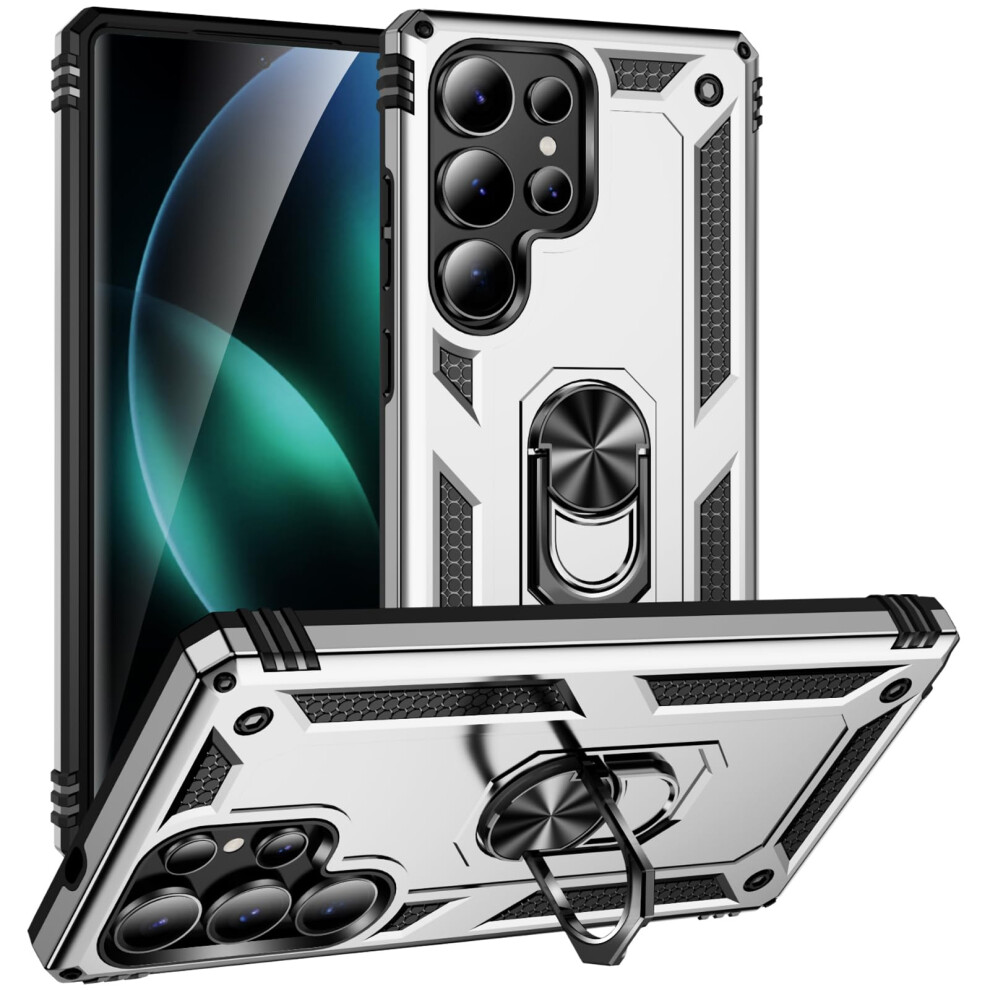 Case For Samsung Galaxy S25 Ultra Military Grade Shockproof Armor With 360 Rotating Ring Kickstand Silver 9330225813873