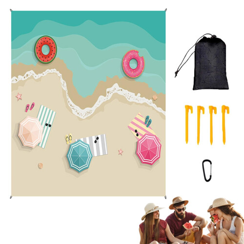 Extra Large Sandproof Beach Picnic Blanket Waterproof PU Bottom Foldable Outdoor Mat with 4 Stakes