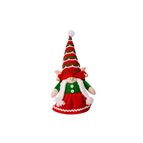 Conjunto de decoración con campanas navideñas y muñecos de gnomos sin rostro.