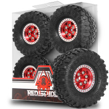 1.0 Aluminum RC Crawler Beadlock Wheels and Tires Set, No‑Glue Design for Axial SCX24 FCX24 TRX4M (Red)