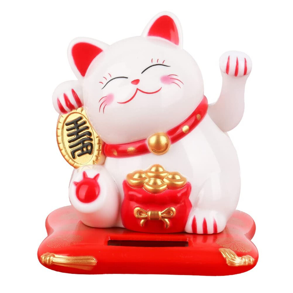 Solar Powered Waving Lucky Cat Japanese Maneki Neko Figurine For Car Dashboard Home Office Desk White 9310869819387