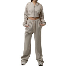 Women'S Tracksuit Set - Long Sleeve Zipper Hooded Sweatshirt with Solid Color Lace- Pants - Two-Piece Set Khaki M