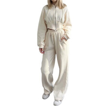 Women'S Tracksuit Set - Long Sleeve Zipper Hooded Sweatshirt with Solid Color Lace- Pants - Two-Piece Set Apricot S