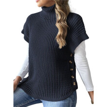 Womens Cap Sleeves Sweater Vest Turtle-Neck Ribbed Knit Tank Tops Basic Slim Fit Top Navy  One Size