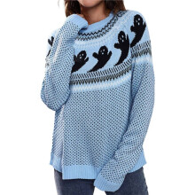 Pull en Tricot Décontracté à Manches Longues et Col Ras Du Cou pour Femme, Imprimé Fantôme Bleu Clair S
