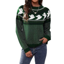 Pull en Tricot Décontracté à Manches Longues et Col Ras Du Cou pour Femme, Imprimé Fantôme Vert XXL
