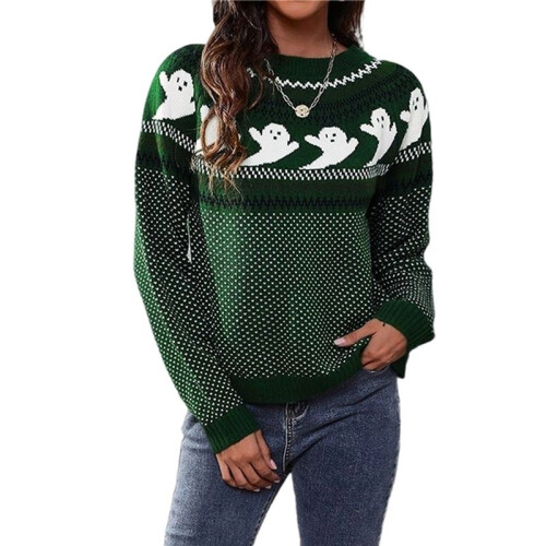 Damen Lässiger Strickpullover mit Geister-Print, Langarm, Rundhalsausschnitt Grün M