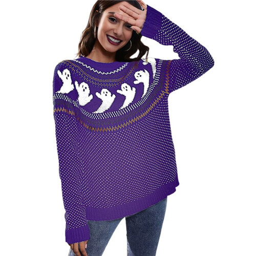 Damen Lässiger Strickpullover mit Geister-Print, Langarm, Rundhalsausschnitt Lila M