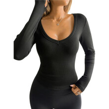 Womens Long Sleeve V Neck T Shirts Basic Workout Tops Athletic Yoga Casual Crop Top Black S