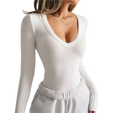 Womens Long Sleeve V Neck T Shirts Basic Workout Tops Athletic Yoga Casual Crop Top White L