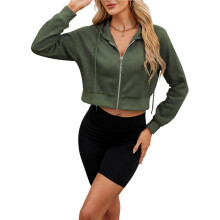 Women'S Zip Hoodies Cropped Cardigan Jacket Drawstring Hooded Sweatshirts Casual Long Sleeve Top Army Green L