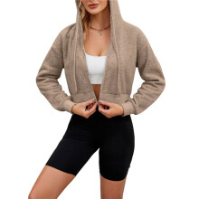 Women'S Zip Hoodies Cropped Cardigan Jacket Drawstring Hooded Sweatshirts Casual Long Sleeve Top Khaki L