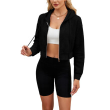 Women'S Zip Hoodies Cropped Cardigan Jacket Drawstring Hooded Sweatshirts Casual Long Sleeve Top Black L