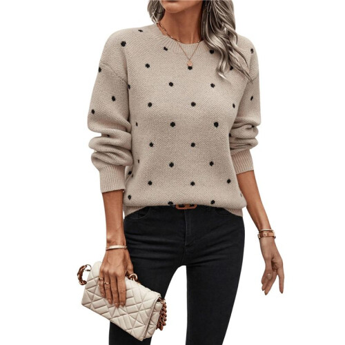 Damen-Pullover mit Punkten, Langärmelig, Rundhalsausschnitt, Strickpullover-Oberteile Khaki S