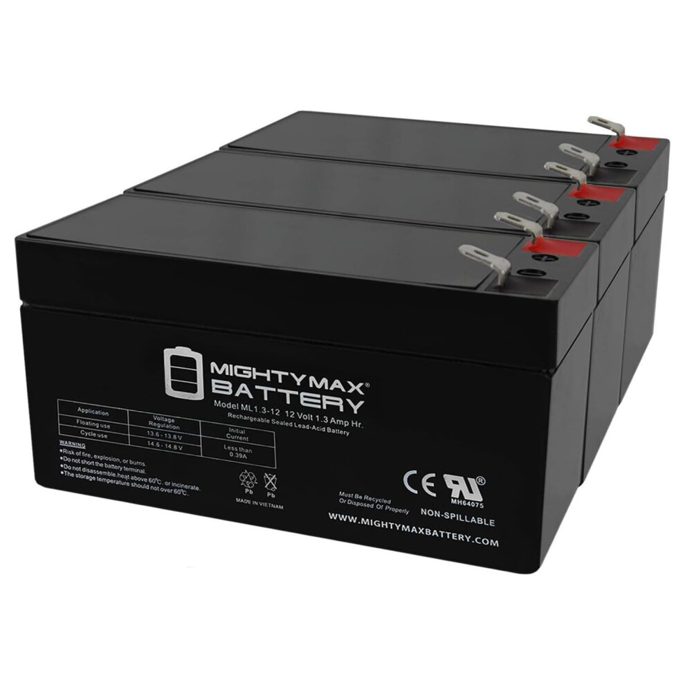 12V 1.3Ah Sealed Lead Acid Rechargeable Battery Pack Of 3, Maintenance Backup Power 9310869819448
