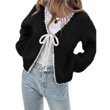 Women'S Tie Front Bow- Cardigan Sweaters Chunky Knit Long Puff Sleeve Trendy Fall Winter Jacket Coats Black M