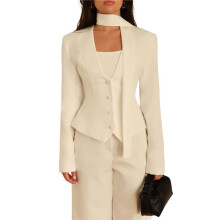 Women'S Long-Sleeved Suit Jacket, Solid Color V-Neck Scarf Slim Fit with Padded Shoulders White XL