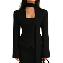 Damen Langarm-Anzugjacke, Einfarbig, V-Ausschnitt, Schal, Slim Fit mit Gepolsterten Schultern Schwarz S