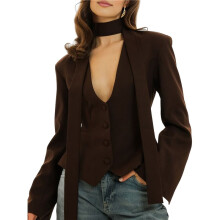 Women'S Long-Sleeved Suit Jacket, Solid Color V-Neck Scarf Slim Fit with Padded Shoulders Brown S