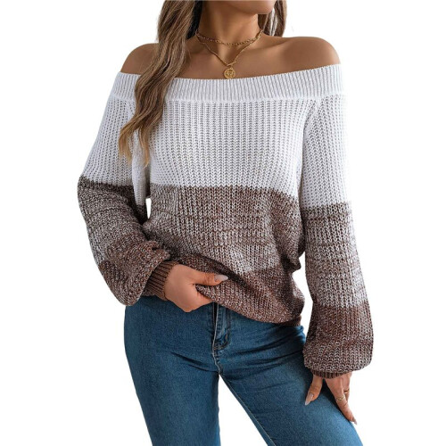 Damen Häkelstrick Lässiger Farbblock Schulterfrei Trendy Pullover Pullover Laternenärmel Warme Oberteile Kaffee S