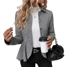 Elegant Women Blazer Business Work Office Peplum Hem Jacket Open Front Herringbone Coats Grey S