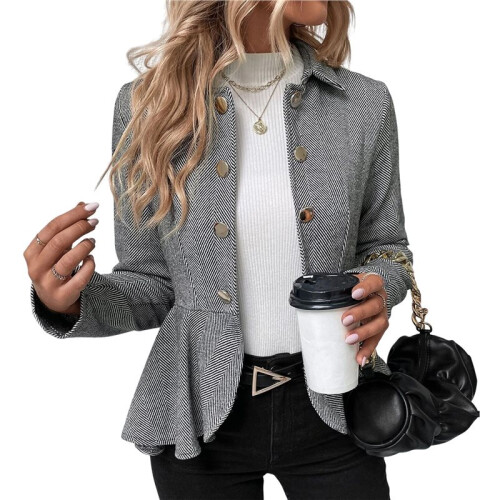 Elegant Women Blazer Business Work Office Peplum Hem Jacket Open Front Herringbone Coats Grey S
