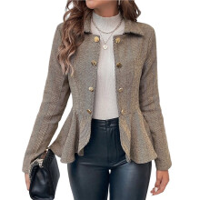 Elegant Women Blazer Business Work Office Peplum Hem Jacket Open Front Herringbone Coats L