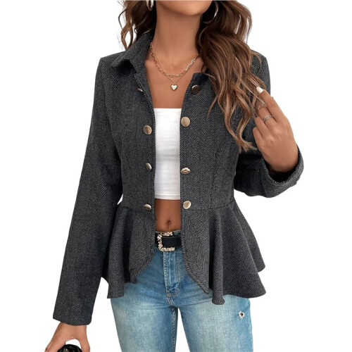 Elegant Women Blazer Business Work Office Peplum Hem Jacket Open Front Herringbone Coats Black M