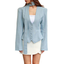 Women'S Long-Sleeved Suit Jacket, Solid Color V-Neck Scarf Slim Fit with Padded Shoulders M
