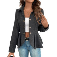 Elegant Women Blazer Business Work Office Peplum Hem Jacket Open Front Herringbone Coats Black L
