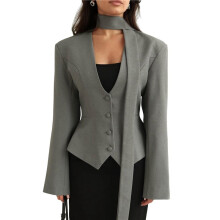 Women'S Long-Sleeved Suit Jacket, Solid Color V-Neck Scarf Slim Fit with Padded Shoulders Gray M