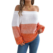 Women Crochet Knit Casual Color Block Off Shoulder Trendy Sweaters Pullover Lantern Sleeve Warm Tops Orange L