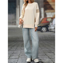 Women'S Casual Oversized Sweatshirt Crew Neck Color Block Loose Pullover Tops Side Slit Apricot S