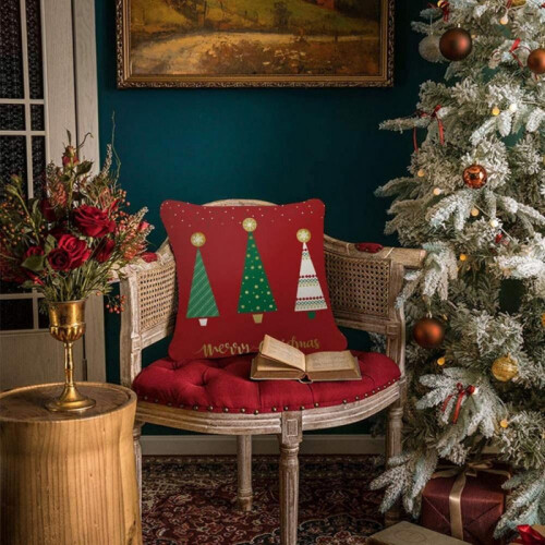 Χριστουγεννιάτικα Μαξιλαροθήκες από Κόκκινο Ρουστίκ Λινό, Σετ των 4 τεμαχίων, 18x18 1