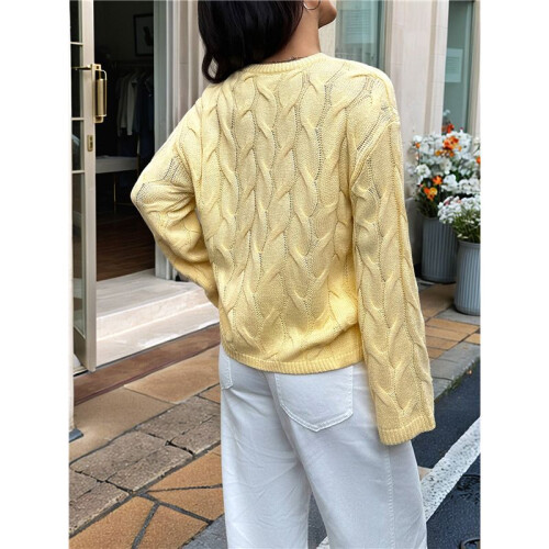 Damen Langarmpullover Herbst Rippstrickpullover Locker Rundhals Zopfmuster Pullover Jumper Tops Gelb L 1
