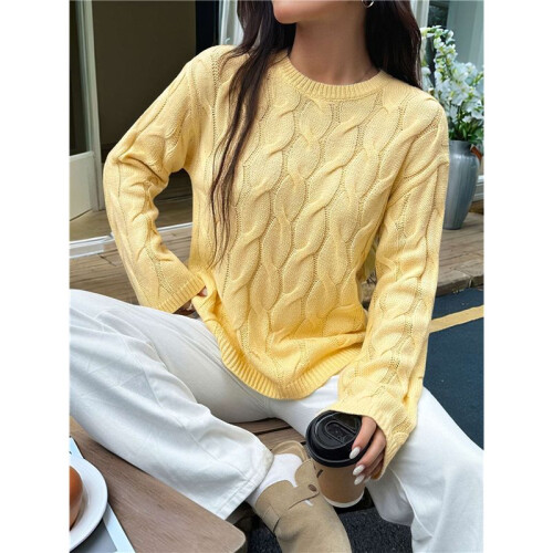 Damen Langarmpullover Herbst Rippstrickpullover Locker Rundhals Zopfmuster Pullover Jumper Tops Gelb L 2