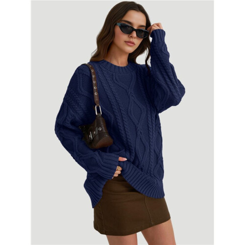 Women'S Oversized Cable Knit Crewneck Sweaters Navy  XXXL 1